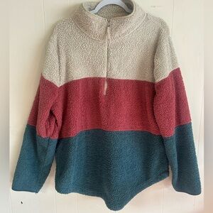 Kismet, size XXL, fuzzy 1/4 zip tri colored long sleeve pull over sweater